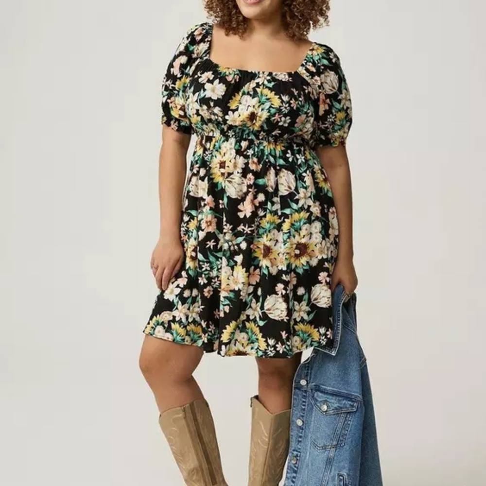 Torrid Yellow and White Square Neck Puff Sleeve Mini Dress